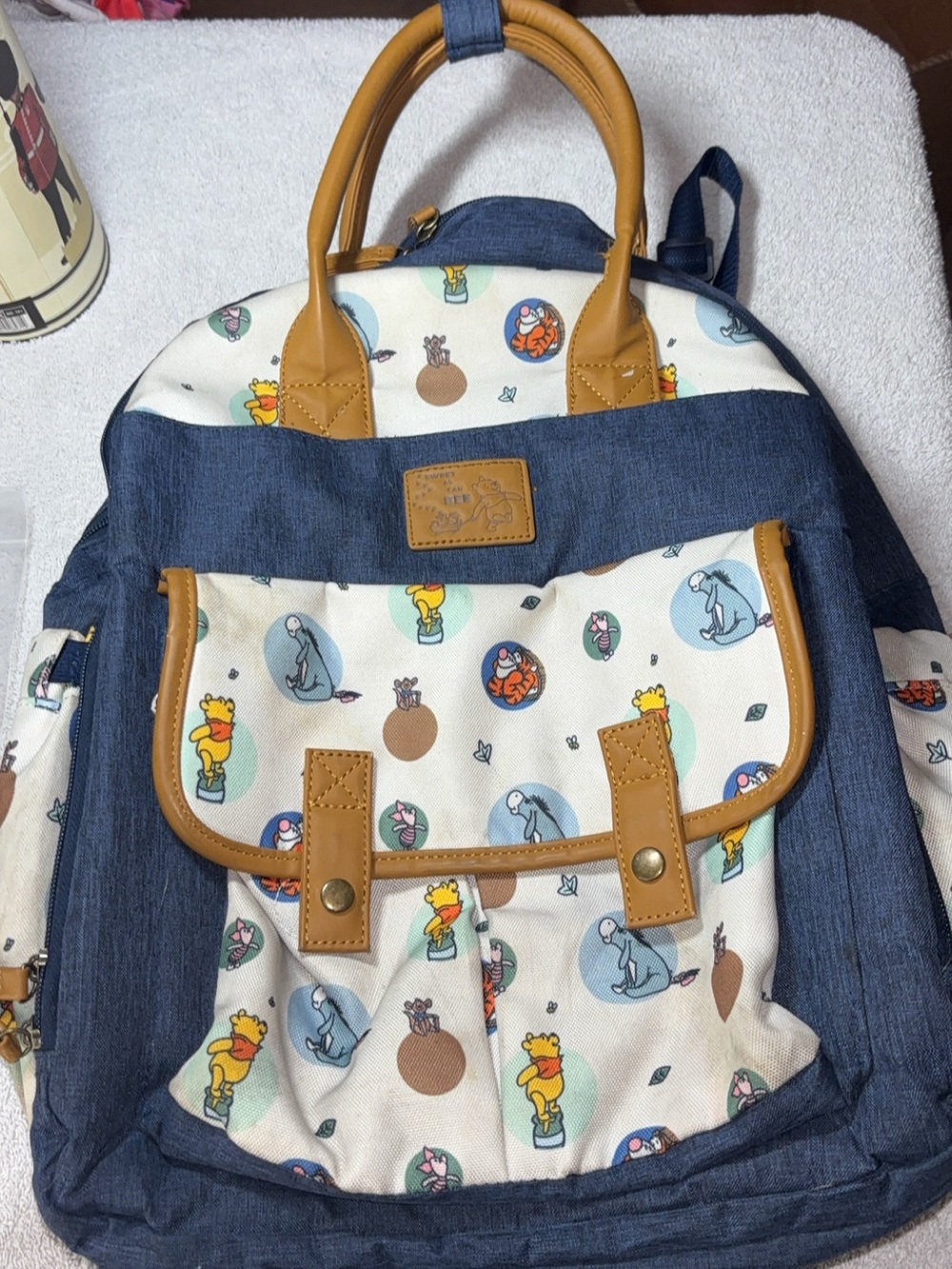 Disney Navy Blue and White Winnie the Pooh Print Kids Backpack with Tan Accents